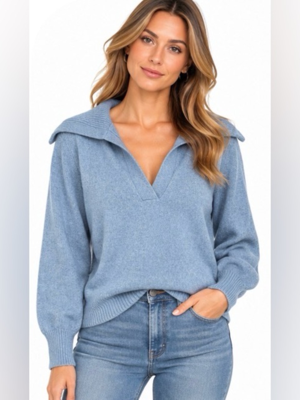 WHBM Blue Wide Collar V Neck Sweater Small